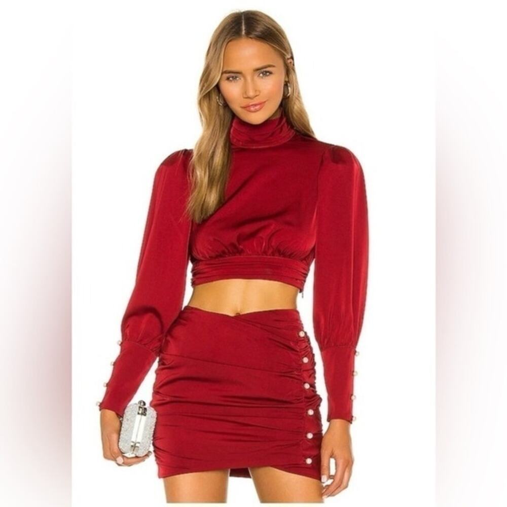 Camila Coelho Ames Mini Skirt Red Satin Pearl Glam Going Out Revolve Ruched